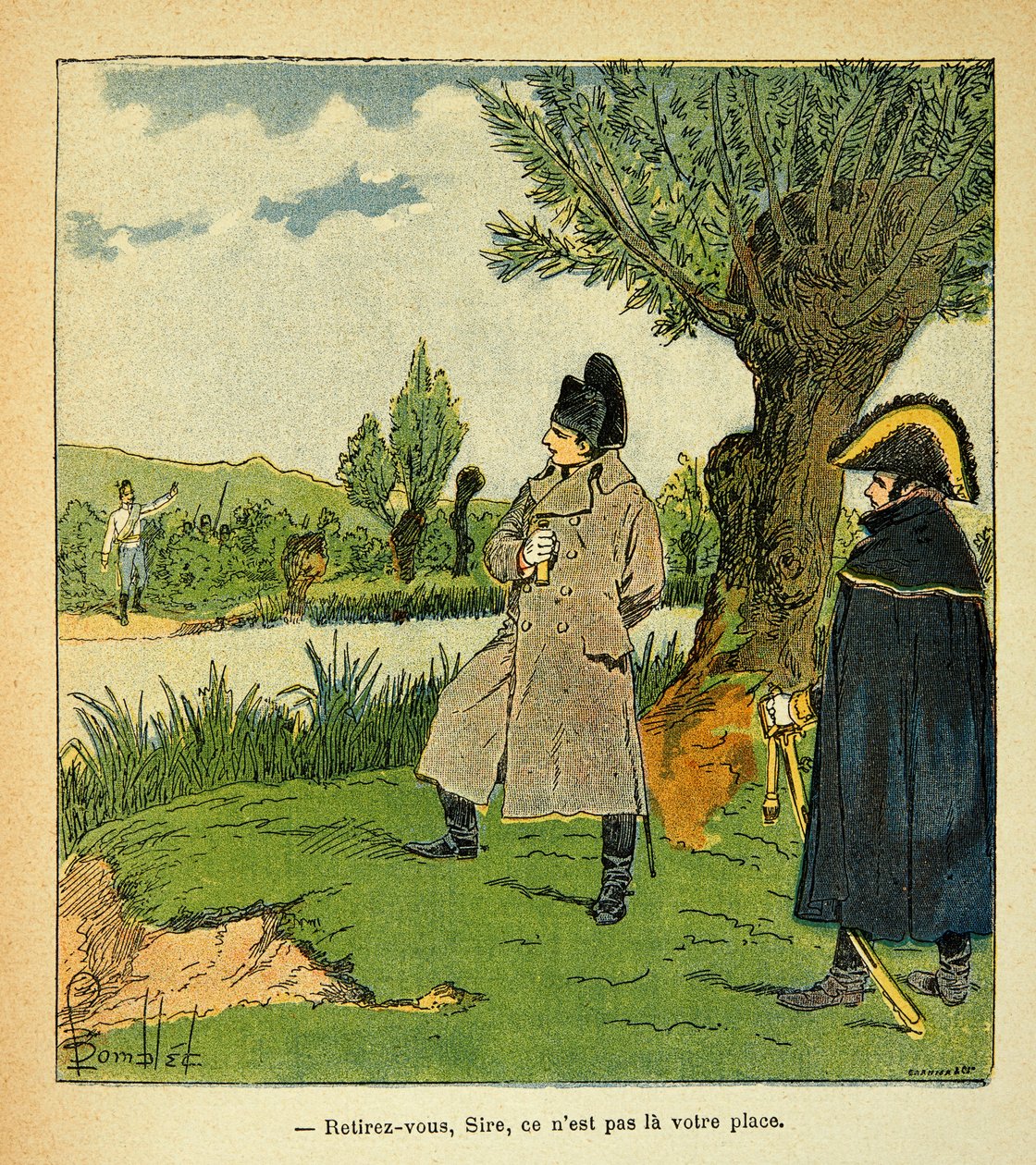 رسم إيضاحي لبومبلد لويس (1862-1927) من كتاب "نصب تذكاري لسانت هيلين" للكونت إيمانويل دي لاس كيس (1766-1842): في جزيرة لاوبو أثناء معركة إيسلينج ، يخاطر نابليون ، ضابط نمساوي يدعو الإمبراطور "" ويدير بواسطة تفجير لويس تشارلز