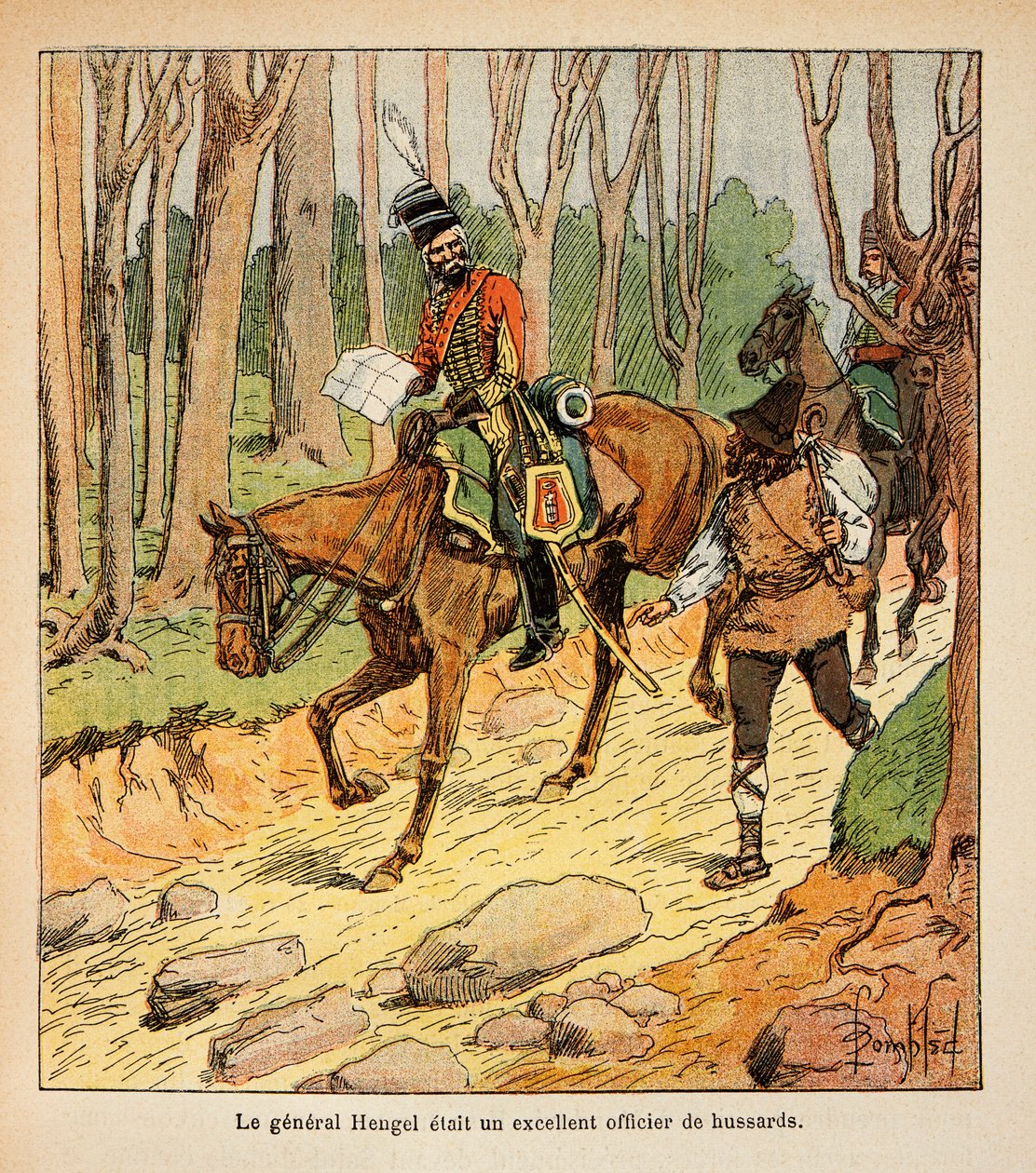 رسم إيضاحي لبومبلد لويس (1862-1927) من كتاب "ذكرى سانت هيلين" للكونت إيمانويل دي لاس قضايا (1766-1842): الجنرال هينجل ، ضابط فرسان أثناء الحملة الإيطالية ، مجموعة خاصة بواسطة تفجير لويس تشارلز