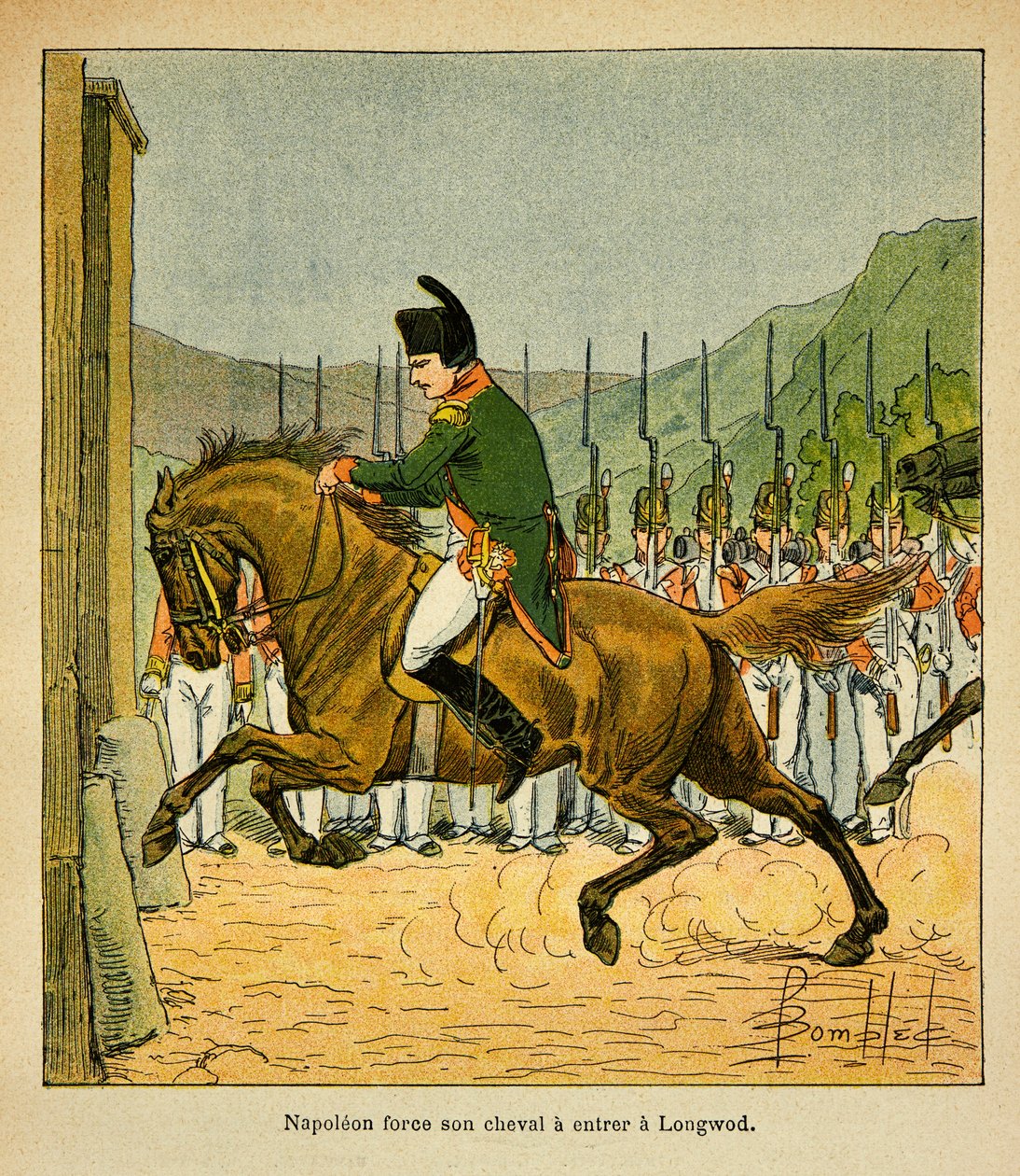 رسم إيضاحي لبومبلد لويس (1862-1927) من كتاب "ذكرى سانت هيلين" للكونت إيمانويل دي لاس حالات (1766-1842): الإمبراطور نابليون يجبر حصانه على دخول لونغوود في سانت هيلين ، مجموعة خاصة بواسطة تفجير لويس تشارلز