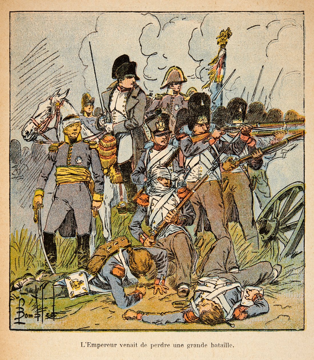 رسم إيضاحي لـ Bombled Louis (1862-1927) من كتاب "The Memorial of St. Helene" بقلم الكونت إيمانويل دي لاس حالات (1766-1842): الإمبراطور نابليون في معركة واترلو في عام 1815 ، مجموعة خاصة بواسطة تفجير لويس تشارلز