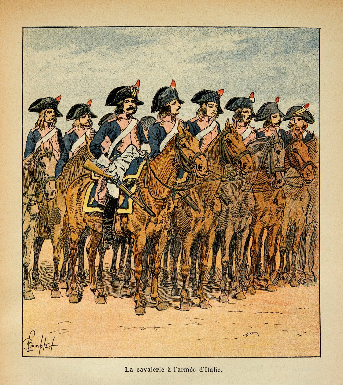 رسم إيضاحي لبومبلد لويس (1862-1927) من كتاب "ذكرى القديسة هيلين" بقلم الكونت إيمانويل دي لاس (1766-1842): سلاح الفرسان مع الجيش الإيطالي ، مجموعة خاصة بواسطة تفجير لويس تشارلز