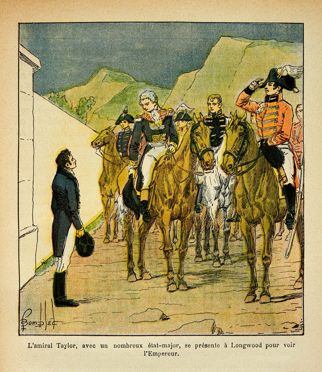 رسم إيضاحي لبومبلد لويس (1862-1927) من كتاب "ذكرى سانت هيلين" للكونت إيمانويل دي لاس (1766-1842): الأدميرال تايلور مع هيئة الأركان يقدم نفسه في لونغوود لمقابلة الإمبراطور نابليون ، مجموعة خاصة بواسطة تفجير لويس تشارلز