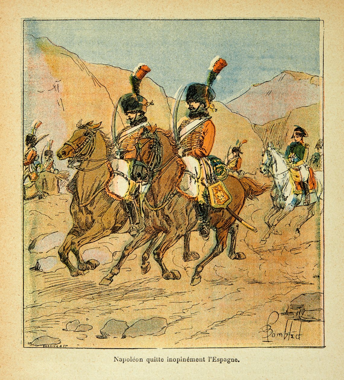 رسم إيضاحي لبومبلد لويس (1862-1927) من كتاب "ذكرى سانت هيلين" للكونت إيمانويل دي لاس حالات (1766-1842): يغادر الإمبراطور نابليون إسبانيا على وجه السرعة بواسطة تفجير لويس تشارلز