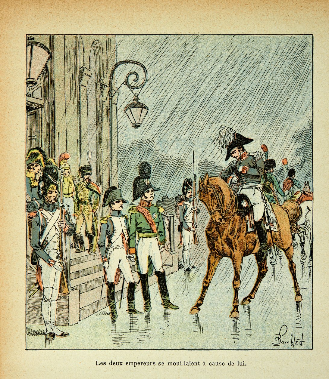 رسم إيضاحي لبومبلد لويس (1862-1927) من كتاب "ذكرى سانت هيلين" للكونت إيمانويل دي لاس حالات (1766-1842): الإمبراطور نابليون ، ملك بروسيا والقيصر ألكسندر الأول (1777-1825) في تيلسيت معاهدة عام 1807 ، مجموعة خاصة بواسطة تفجير لويس تشارلز
