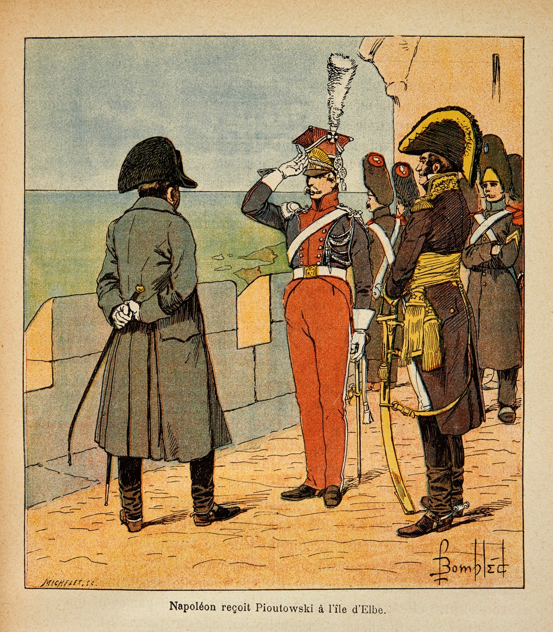 رسم إيضاحي لـ Bombled Louis (1862-1927) من كتاب "The Memorial of St. Helene" للكونت Emmanuel de Las Cases (1766-1842): يستقبل الإمبراطور نابليون ماريشال بوناتوسكي في جزيرة إلبا ، مجموعة خاصة بواسطة تفجير لويس تشارلز