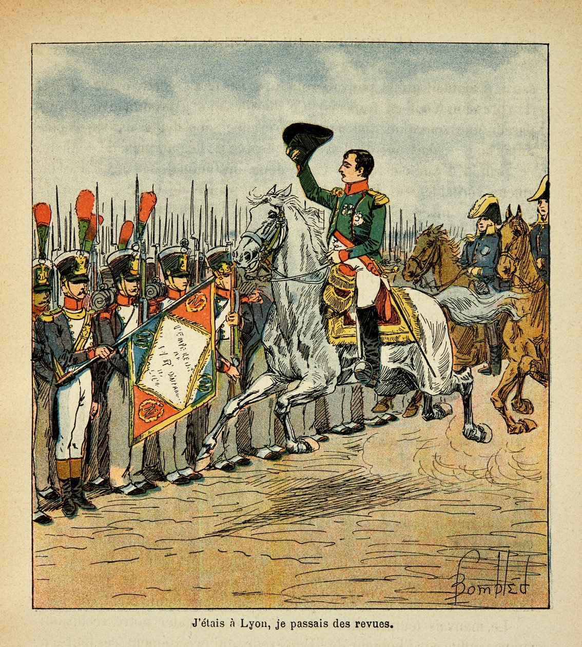 رسم إيضاحي لـ Bombled Louis (1862-1927) من كتاب "The Memorial se Sainte Helene" للكونت Emmanuel de Las Cases (1766-1842): الإمبراطور نابليون يمرر القوات إلى مراجعات ، مجموعة خاصة بواسطة تفجير لويس تشارلز