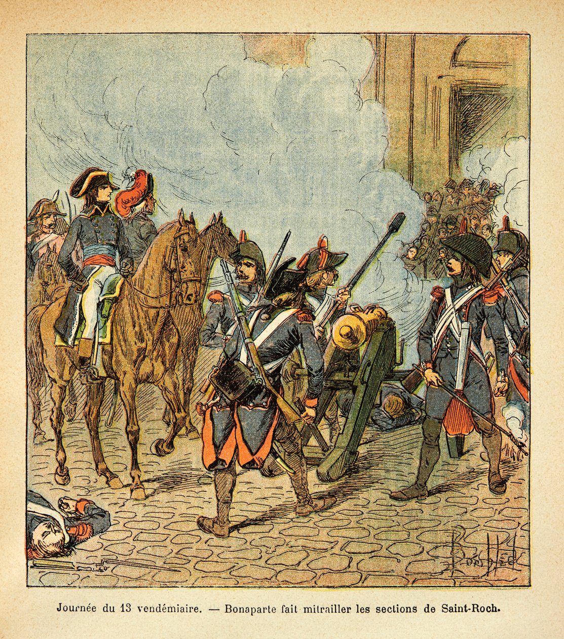 رسم إيضاحي لـ Bombled Louis (1862-1927) من كتاب "The Memorial se Sainte Helene" للكونت Emmanuel de Las Cases (1766-1842): في يوم 13 يوم الجمعة ، يصور بونابرت أقسام سانت روش بمدفع ، مجموعة خاصة بواسطة تفجير لويس تشارلز