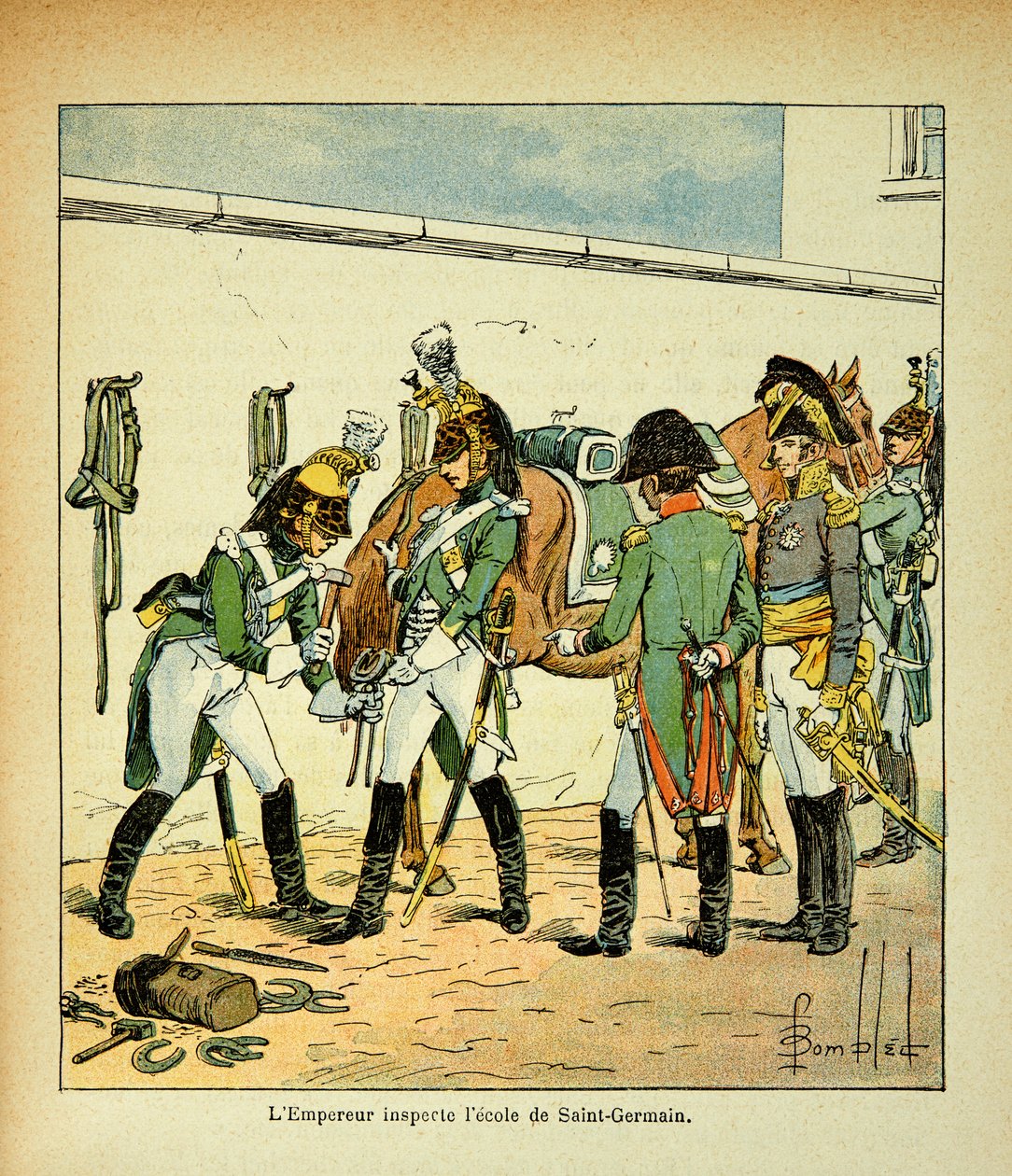 رسم إيضاحي لـ Bombled Louis (1862-1927) من كتاب "The Memorial se Sainte Helene" للكونت Emmanuel de Las Cases (1766-1842): الإمبراطور نابليون يتفقد مدرسة سان جيرمان ، مجموعة خاصة بواسطة تفجير لويس تشارلز