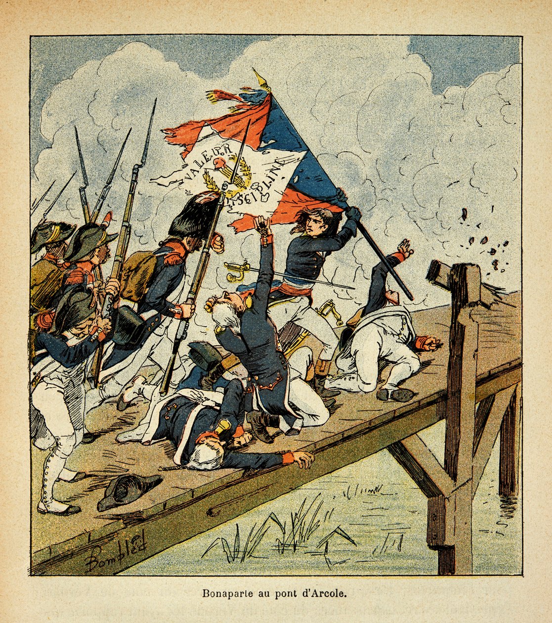 رسم إيضاحي لـ Bombled Louis (1862-1927) من كتاب "The Memorial se Sainte Helene" للكونت Emmanuel de Las Cases (1766-1842): Bonaparte at the bridge of Arcole، Private Collection بواسطة تفجير لويس تشارلز