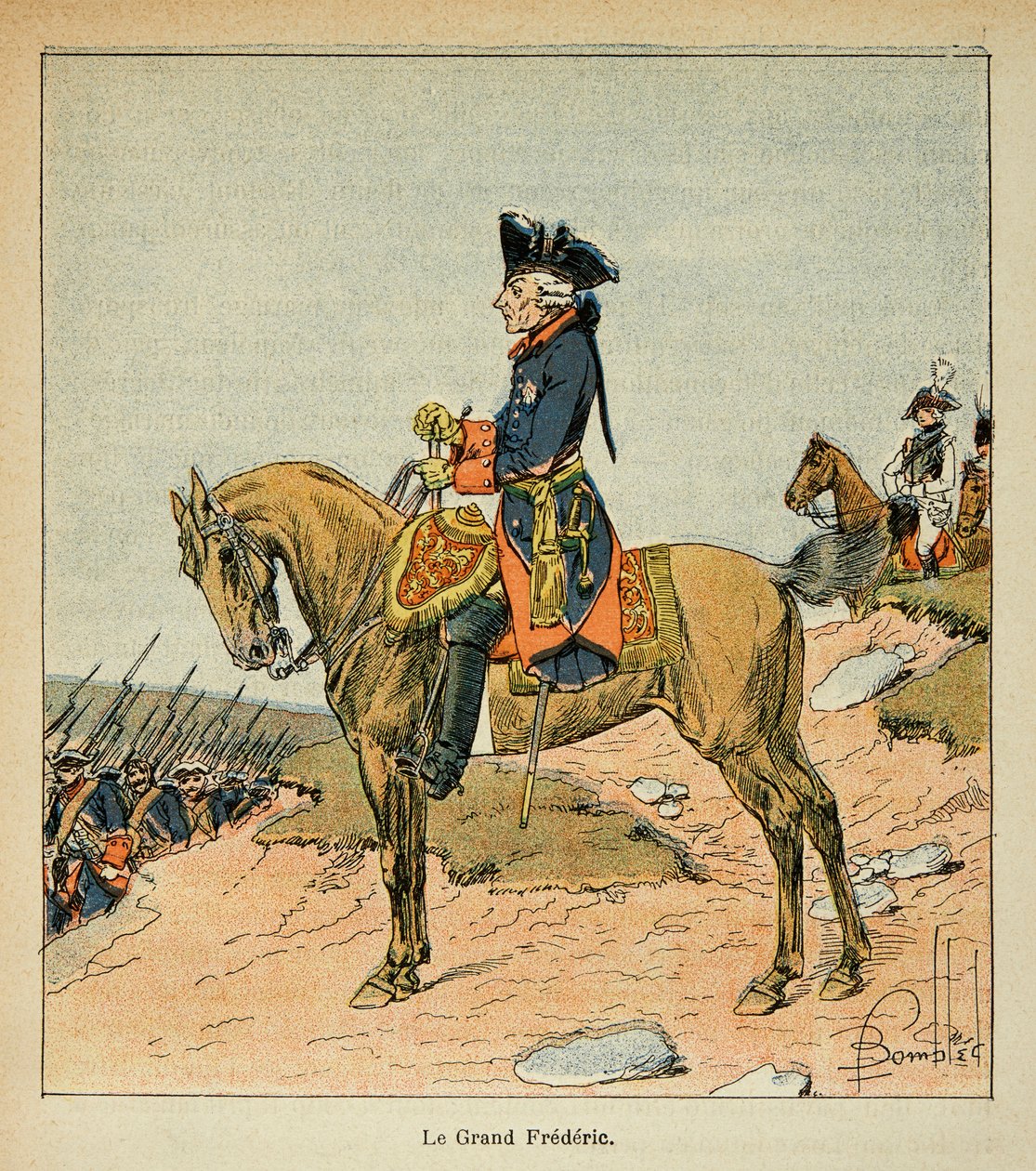 رسم توضيحي لـ Bombled Louis (1862-1927) من كتاب "The Memorial Se Sainte Helene" للكونت Emmanuel de Las Cases (1766-1842): صورة للفروسية لفريدريك الثاني من بروسيا يُدعى فريدريك العظيم (1712 - 1786) ، خاص مجموعة بواسطة تفجير لويس تشارلز