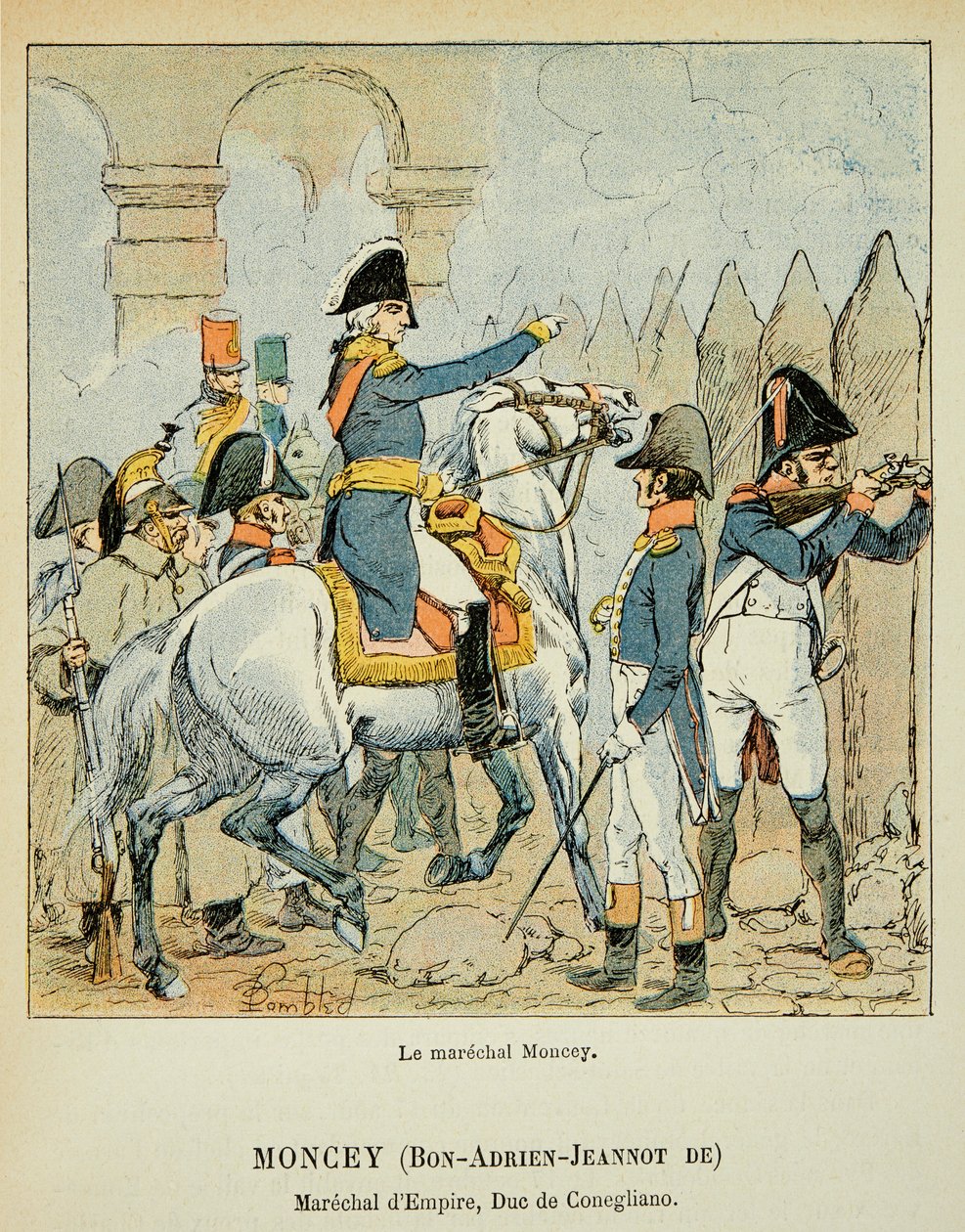 رسم توضيحي للويس بومبلد (1862-1927) من كتاب "ذكرى القديسة هيلين" بقلم الكونت إيمانويل دي لاس (1766-1842): ماريشال بون أدريان جانو دي مونسي (1754-1842) ، دوق كونجليانو ، مجموعة خاصة بواسطة تفجير لويس تشارلز