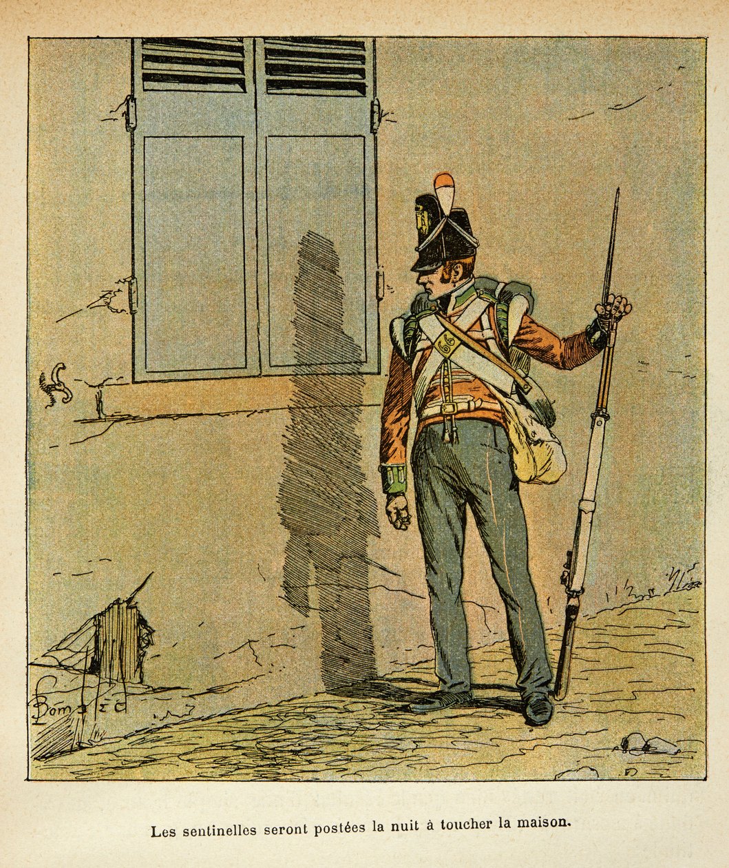 رسم إيضاحي للويس بومبلد (1862-1927) من كتاب "ذكرى القديسة هيلين" للكونت إيمانويل دي لاس (1766-1842): الحارس الإنجليزي المتمركز بالقرب من منزل الإمبراطور في سانت هيلين ، مجموعة خاصة بواسطة تفجير لويس تشارلز