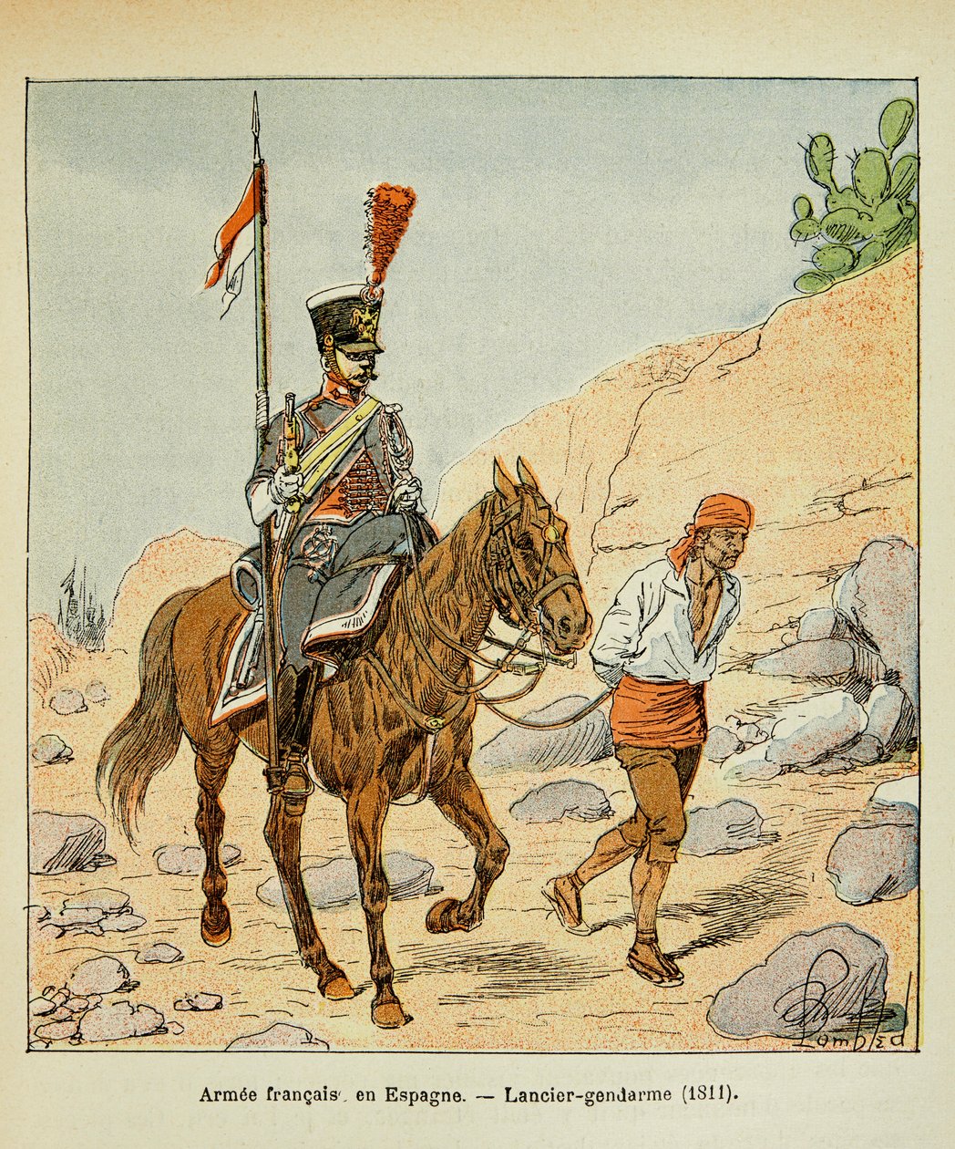 رسم توضيحي للويس بومبلد (1862-1927) من كتاب "ذكرى القديسة هيلين" بقلم الكونت إيمانويل دي لاس (1766-1842): الجيش الفرنسي في إسبانيا: Lancier Gendarme 1811 ، مجموعة خاصة بواسطة تفجير لويس تشارلز