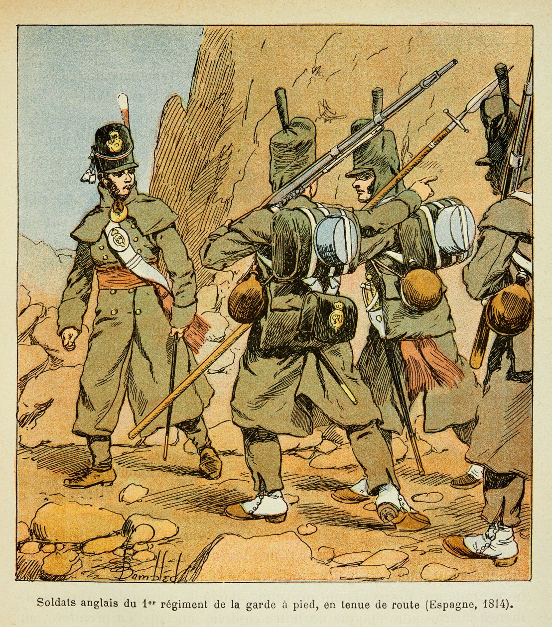 رسم توضيحي للويس القنبلة (1862-1927) من كتاب "ذكرى القديسة هيلين" بقلم الكونت إيمانويل دي لاس (1766-1842): جنود إنجليز من الفوج الأول للحرس في رصيف على الطريق (إسبانيا 1814) ، مجموعة خاصة بواسطة تفجير لويس تشارلز