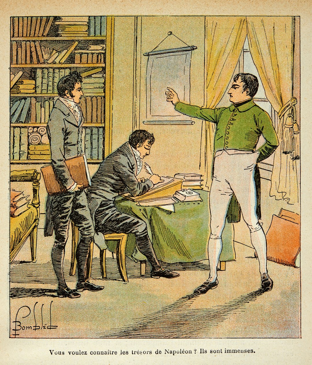 رسم توضيحي للوبلد لويس (1862-1927) من كتاب "ذكرى القديسة هيلين" بقلم الكونت إيمانويل دي لاس (1766-1842): نابليون يملي نصبه التذكارية على قضايا لاس ، مجموعة خاصة بواسطة تفجير لويس تشارلز