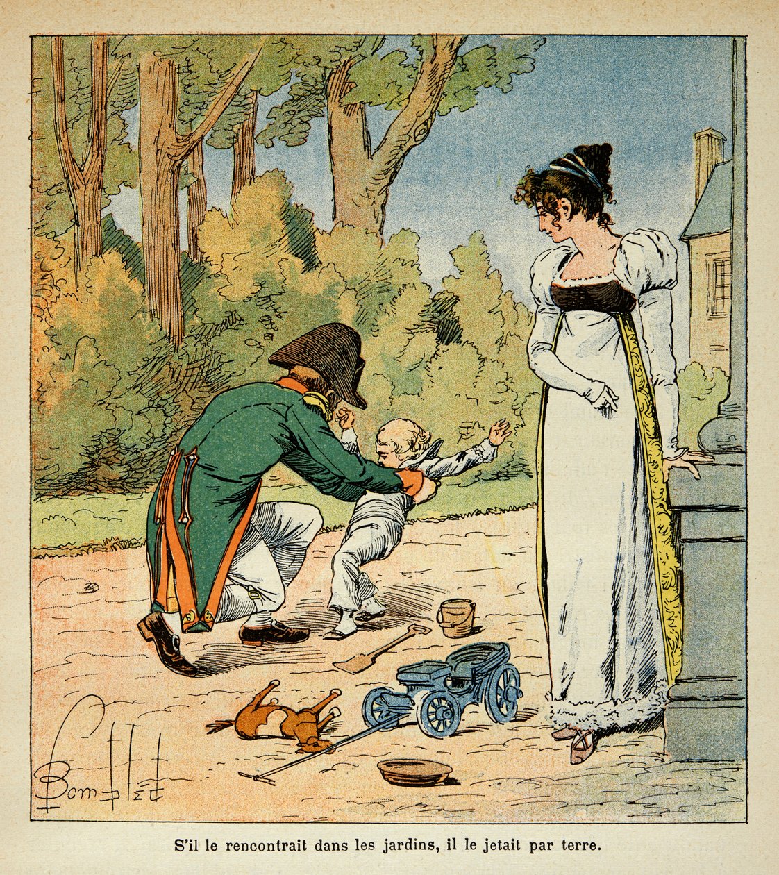 رسم توضيحي لـ Bombled Louis (1862-1927) من كتاب "ذكرى سانت هيلين" للكونت إيمانويل دي لاس حالات (1766-1842): نابليون يلعب مع ابنه في حضور ماري لويز ، مجموعة خاصة بواسطة تفجير لويس تشارلز