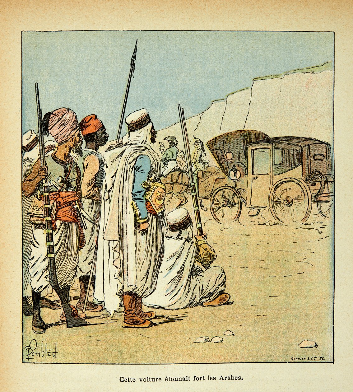رسم إيضاحي للويس بومبلد (1862-1927) من كتاب "ذكرى القديسة هيلين" بقلم الكونت إيمانويل دي لاس (1766-1842): رحلة استكشافية إلى مصر. مفاجأة المصريين من قبل أطقم فرنسية ، مجموعة خاصة بواسطة تفجير لويس تشارلز