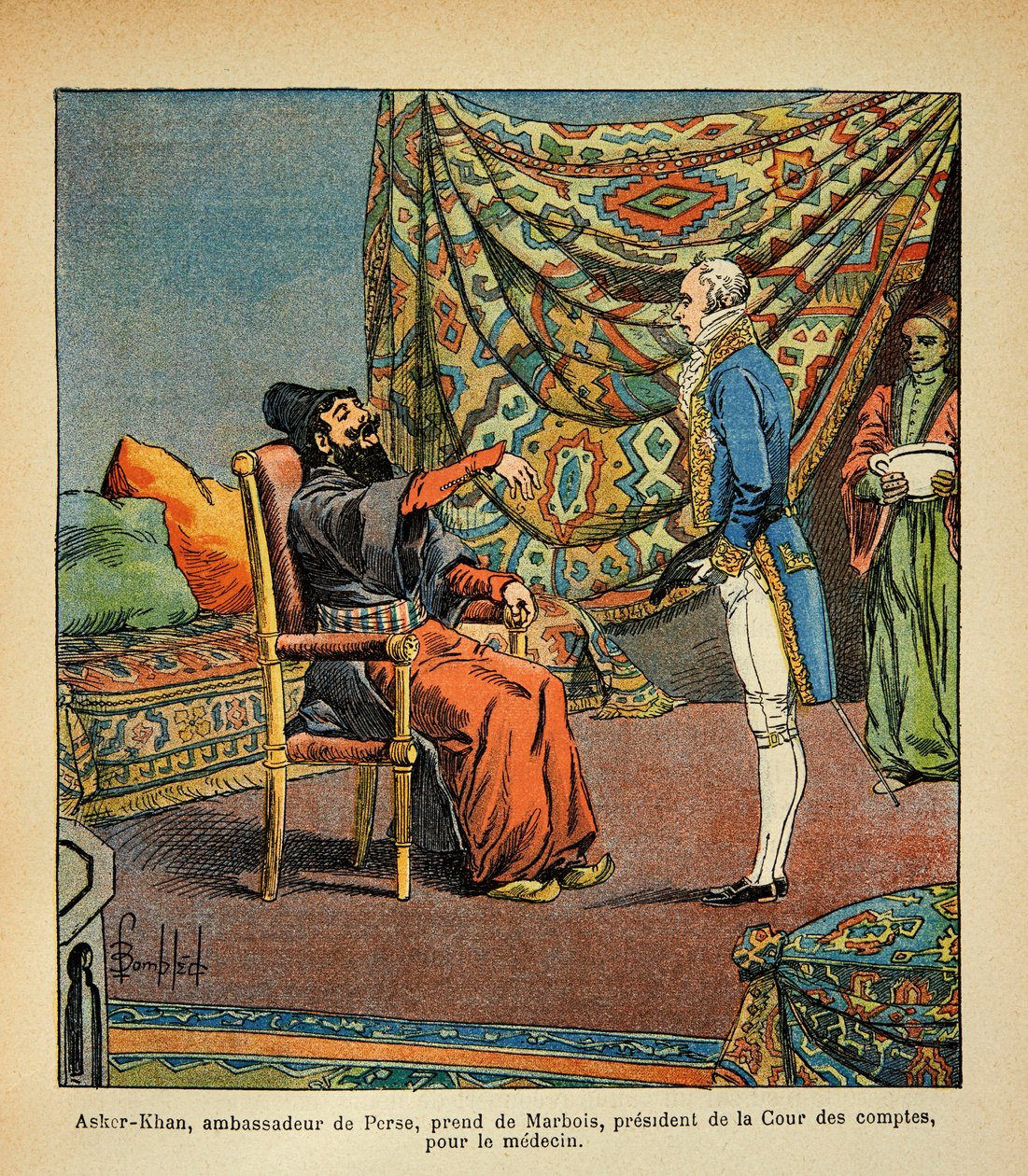 رسم توضيحي للويس بومبلد (1862-1927) من كتاب "ذكرى القديسة هيلين" للكونت إيمانويل دي لاس (1766-1842): السفير الفارسي أسكير خان ، في زيارة إلى باريس ، مع فرانسوا باربي-ماربوا (باربي ماربوا) (1745-1837) ، رئيس بواسطة تفجير لويس تشارلز
