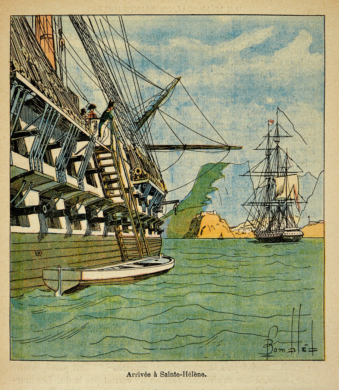 رسم توضيحي للويس بومبلد (1862-1927) من كتاب "ذكرى القديسة هيلين" بقلم الكونت إيمانويل دي لاس (1766-1842): وصول نابليون إلى سانت هيلين في 15 أكتوبر بواسطة تفجير لويس تشارلز