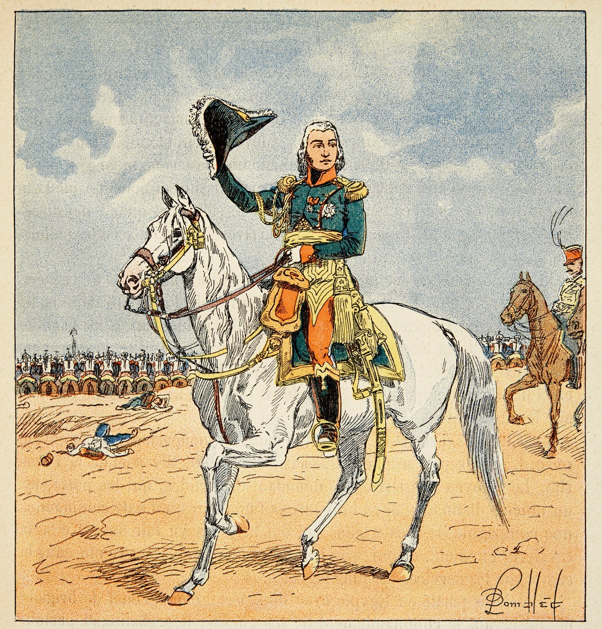 رسم توضيحي للويس بومبلد (1862-1927) من كتاب "ذكرى القديسة هيلين" بقلم الكونت إيمانويل دي لاس (1766-1842): صورة الفروسية للماريشال جان بابتيست بيسيريس (1768-1813) ، دوق استريا مجموعة بواسطة تفجير لويس تشارلز