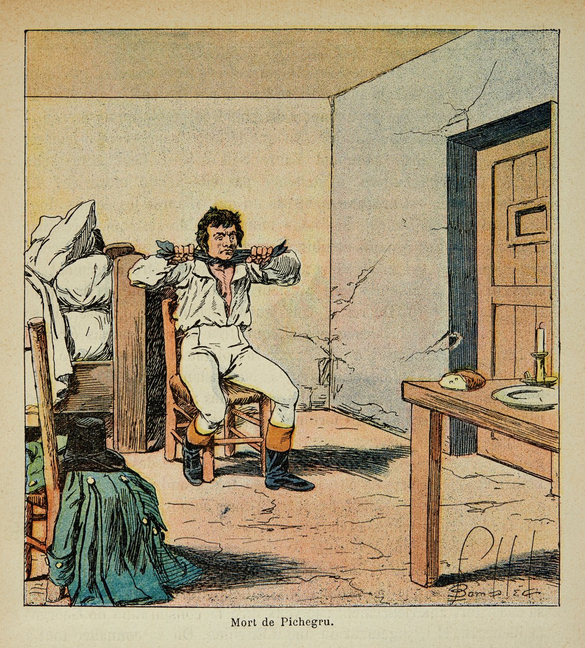رسم إيضاحي للويس بومبلد (1862-1927) من كتاب "ذكرى القديسة هيلين" بقلم الكونت إيمانويل دي لاس (1766-1842): وفاة جان تشارلز بيشيغرو (1761-1804) في سجنه عام 1804 ، مجموعة خاصة بواسطة تفجير لويس تشارلز