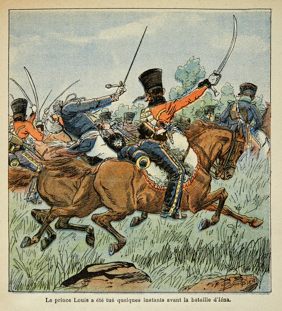 رسم توضيحي للويس بومبلد (1862-1927) من كتاب "ذكرى القديسة هيلين" بقلم الكونت إيمانويل دي لاس (1766-1842): وفاة الأمير لويس فرديناند من بروسيا (1772-1806) أثناء معركة زالفيلد في أكتوبر 10 بواسطة تفجير لويس تشارلز