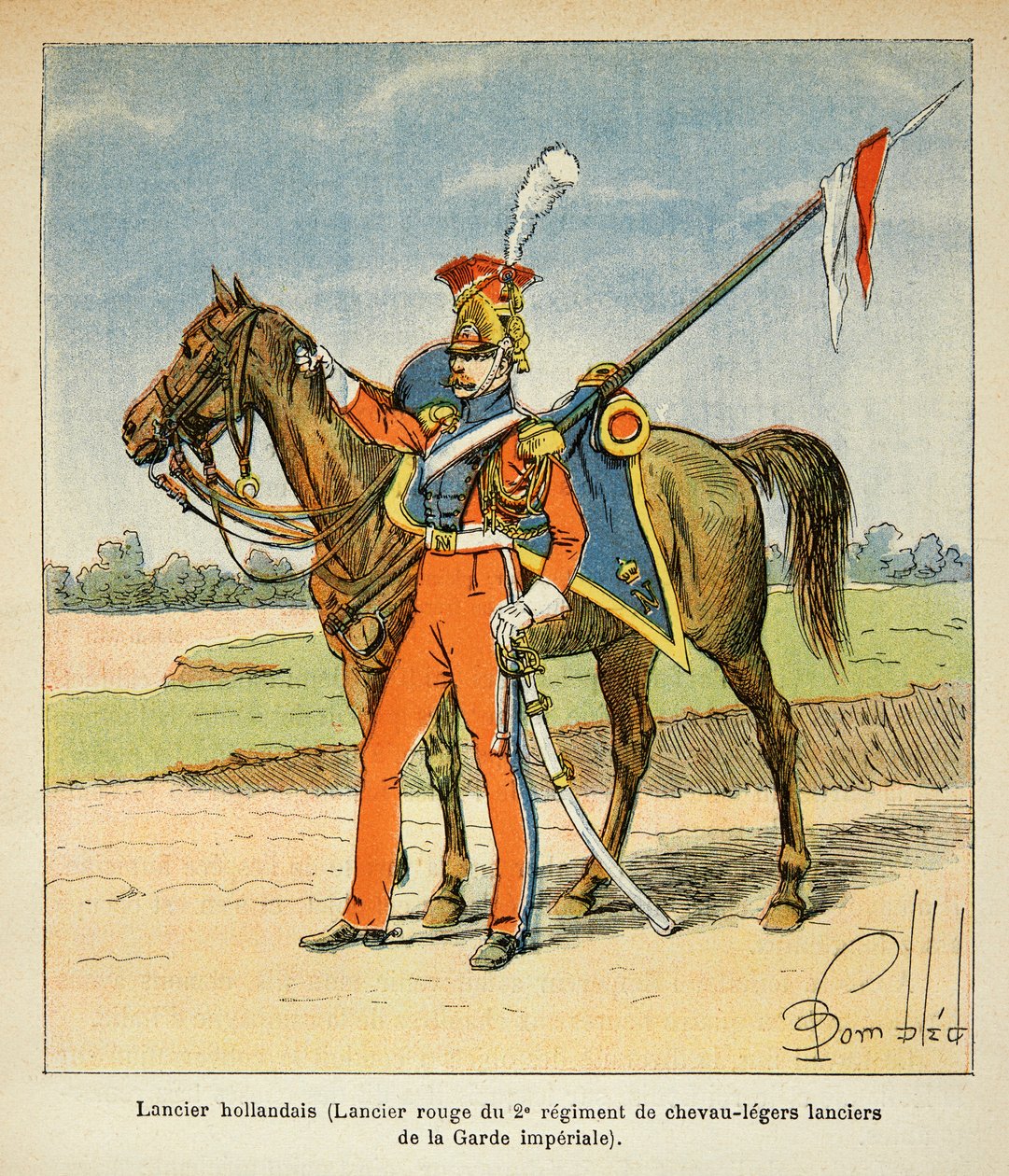 رسم توضيحي لـ Bombled Louis (1862-1927) من كتاب "ذكرى سانت هيلين" بقلم الكونت إيمانويل دي لاس (1766-1842): صورة لسيارة لانسر هولندية (ريد لانسر من الفرقة الثانية ، فوج الخيول الخفيفة من الحرس الامبراطوري) ، مجموعة خاصة بواسطة تفجير لويس تشارلز
