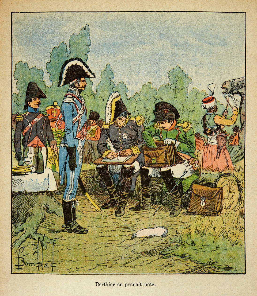رسم إيضاحي للويس بومبلد (1862-1927) من كتاب "ذكرى القديسة هيلين" للكونت إيمانويل دي لاس (1766-1842): يشير الماريشال لويس ألكسندر برتييه (1753-1815) إلى أوامر نابليون ، مجموعة جزئية بواسطة تفجير لويس تشارلز