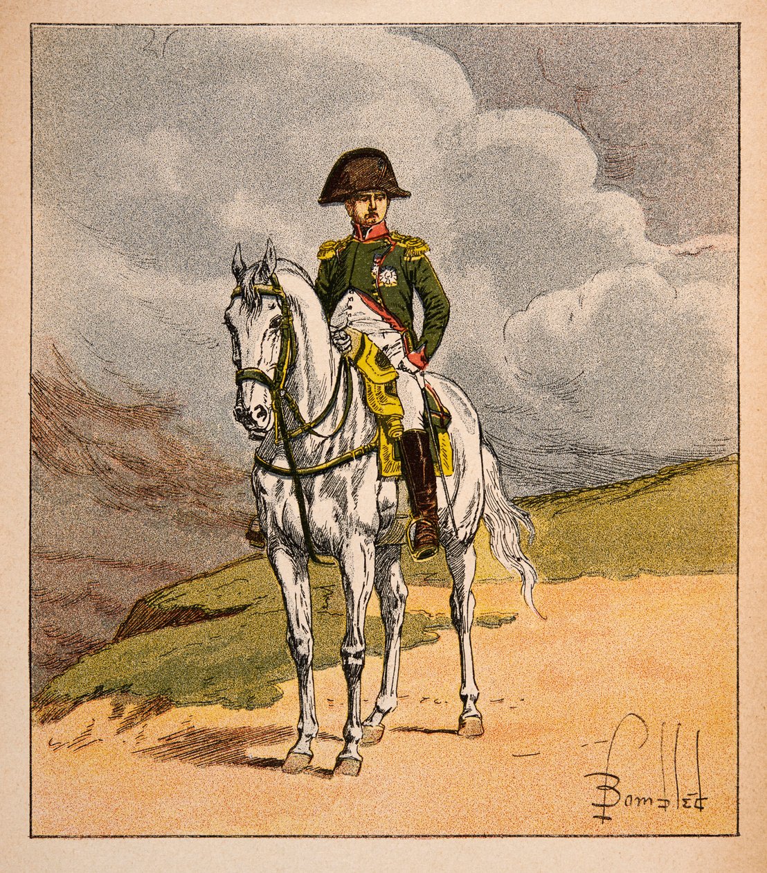 رسم إيضاحي للويس بومبلد (1862-1927) من كتاب "ذكرى القديسة هيلين" بقلم الكونت إيمانويل دي لاس (1766-1842): صورة الفروسية للإمبراطور نابليون الأول ، مجموعة خاصة بواسطة تفجير لويس تشارلز