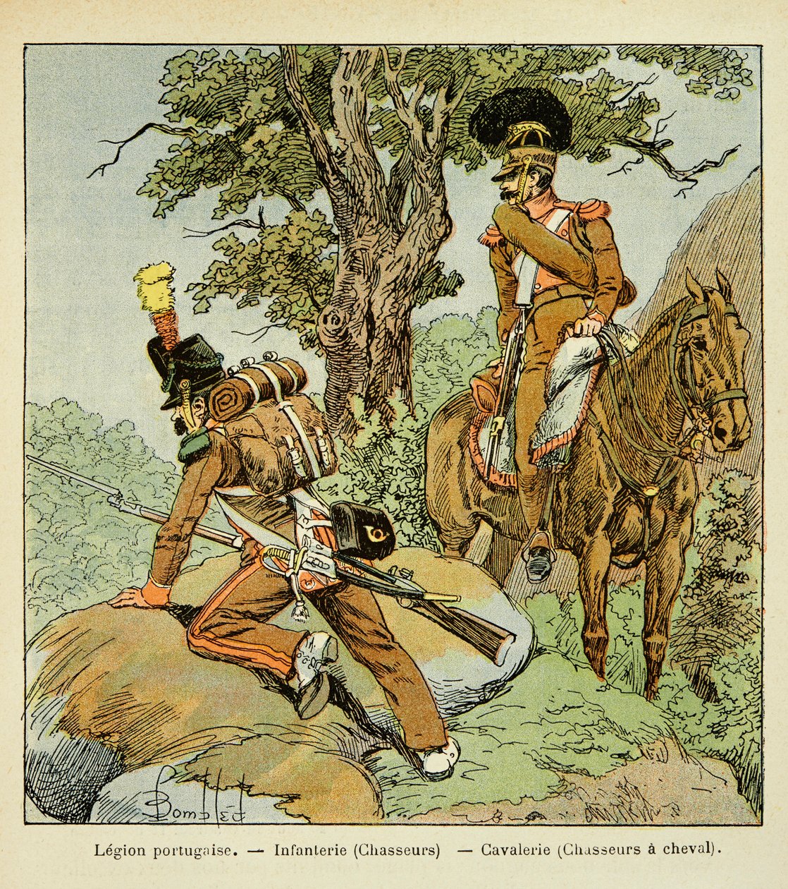 رسم توضيحي للويس بومبلد (1862-1927) من كتاب "نصب تذكاري لسانت هيلين" بقلم الكونت إيمانويل دي لاس (1766-1842): الفيلق البرتغالي: المشاة (الصيادون) وسلاح الفرسان (الصيادون على ظهور الخيل) ، مجموعة خاصة بواسطة تفجير لويس تشارلز