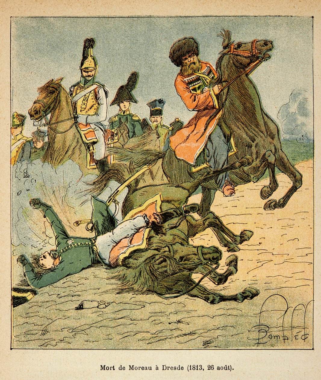 رسم توضيحي للويس بومبلد (1862-1927) من كتاب "ذكرى القديسة هيلين" بقلم الكونت إيمانويل دي لاس (1766-1842): وفاة الجنرال جان فيكتور ماري مورو (1763-1813) في معركة دريسدن في 26 أغسطس ١٨١٣ ، مجموعة خاصة بواسطة تفجير لويس تشارلز