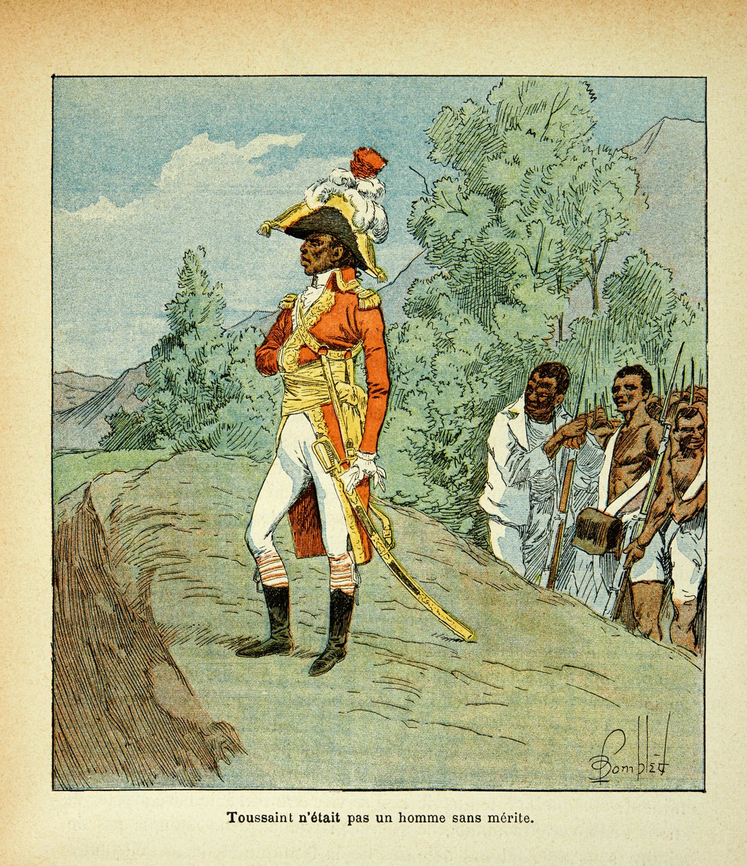 رسم توضيحي للويس بومبلد (1862-1927) من كتاب "ذكرى القديسة هيلين" للكونت إيمانويل دي لاس كيس (1766-1842): صورة توسان لوفرتور (1743-1803) مجموعة خاصة بواسطة تفجير لويس تشارلز