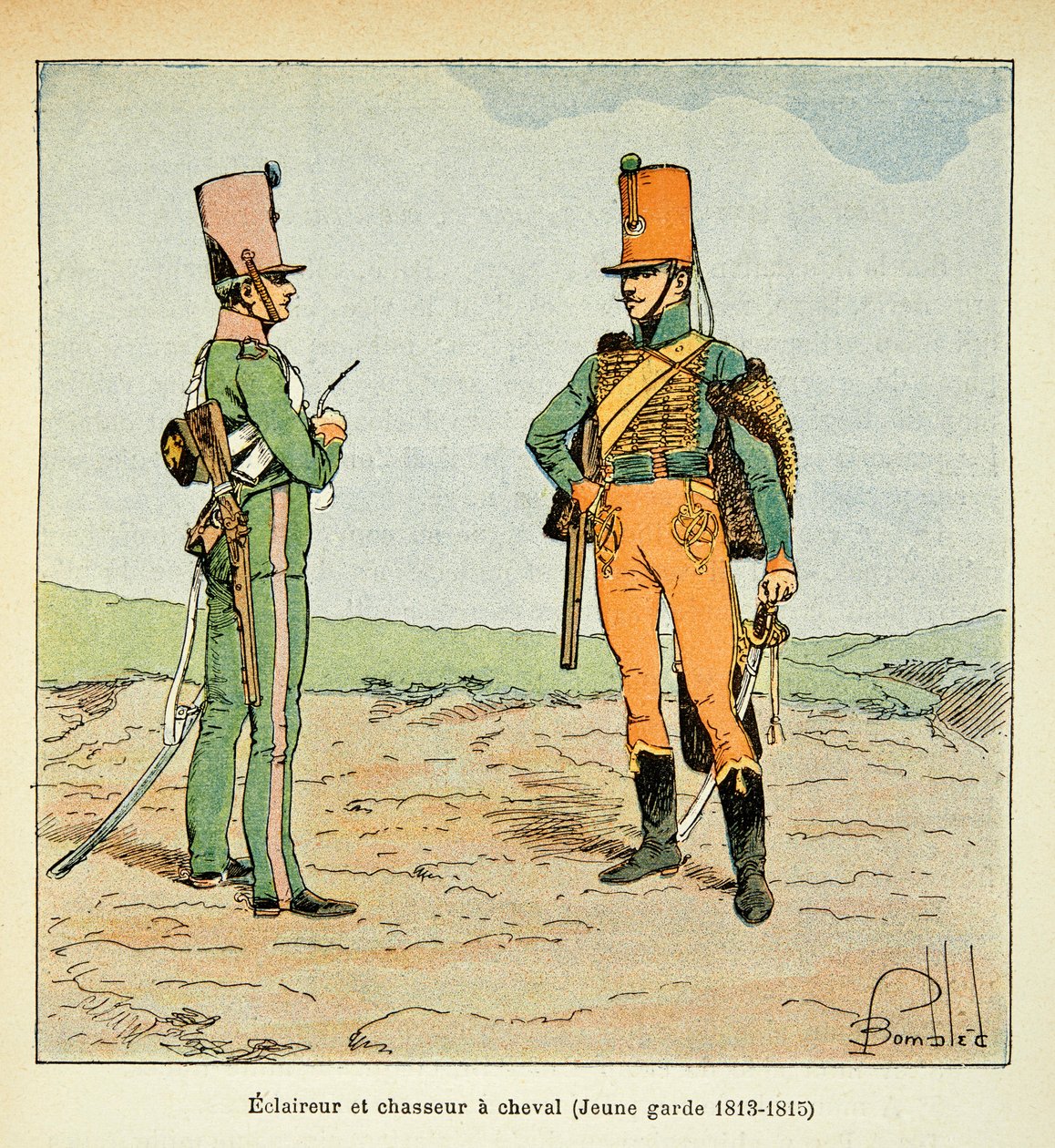 رسم إيضاحي للويس بومبلد (1862-1927) من كتاب "ذكرى سانت هيلين" للكونت إيمانويل دي لاس حالات (1766-1842): أرمي فرانسيز: الكشافة وصائد الحارس الشاب 1813 - 1815 ، مجموعة خاصة بواسطة تفجير لويس تشارلز