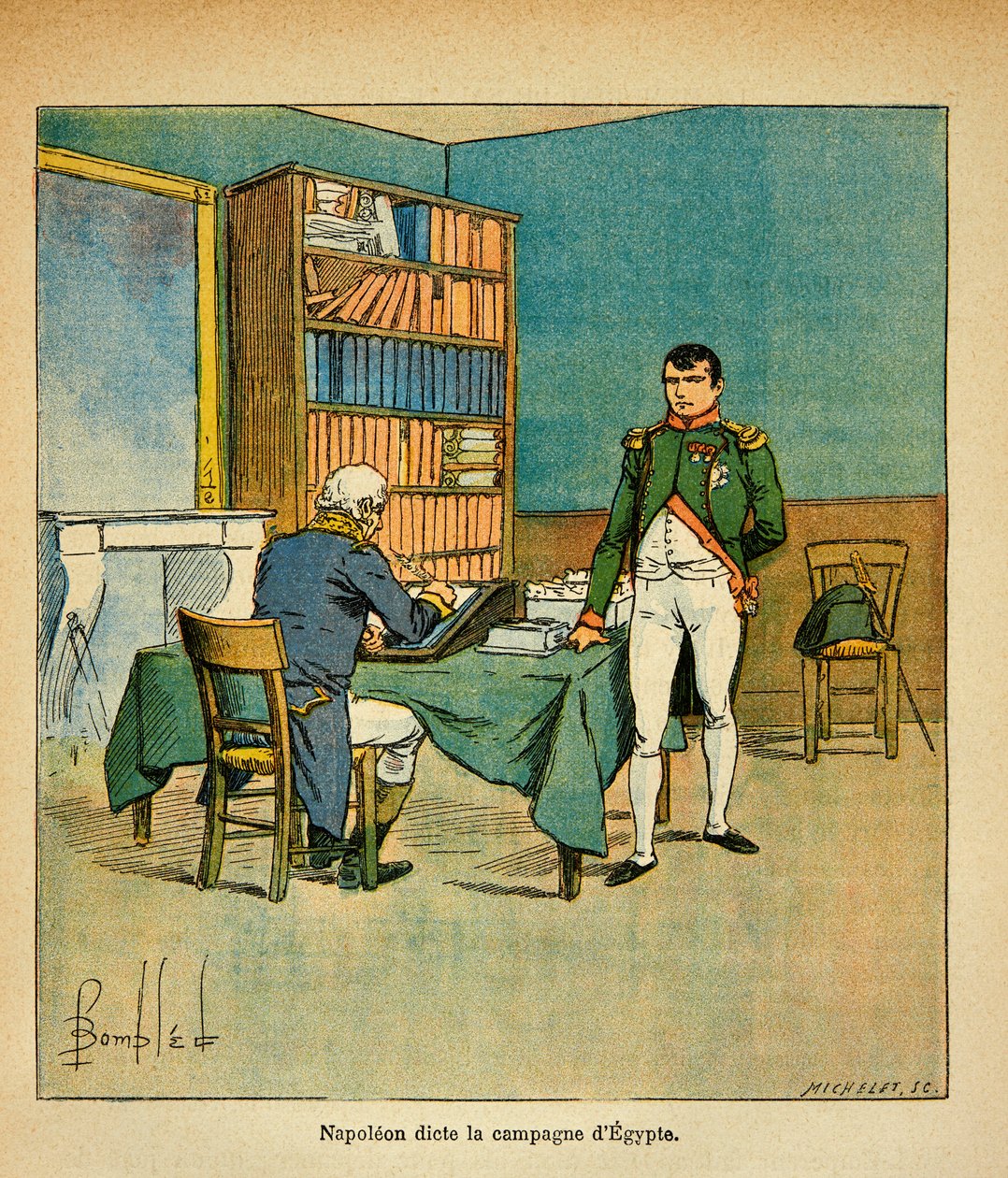 رسم إيضاحي للويس بومبلد (1862-1927) من كتاب "ذكرى القديسة هيلين" للكونت إيمانويل دي لاس (1766-1842): في المنفى ، أملى الإمبراطور نابليون نصبه التذكارية على المارشال العظيم هنري جاتيان برتراند (1773-1844) ) على الانقلاب المصري بواسطة تفجير لويس تشارلز