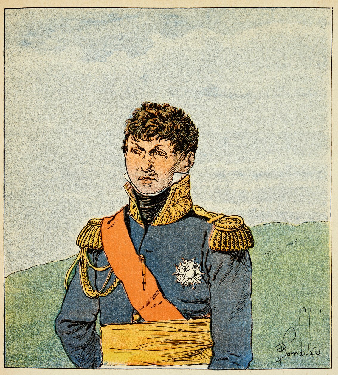 رسم إيضاحي للويس بومبلد (1862-1927) من كتاب "ذكرى القديسة هيلين" للكونت إيمانويل دي لاس (1766-1842): صورة لماريشال فيكتور (كلود فيكتور بيرين بواسطة تفجير لويس تشارلز