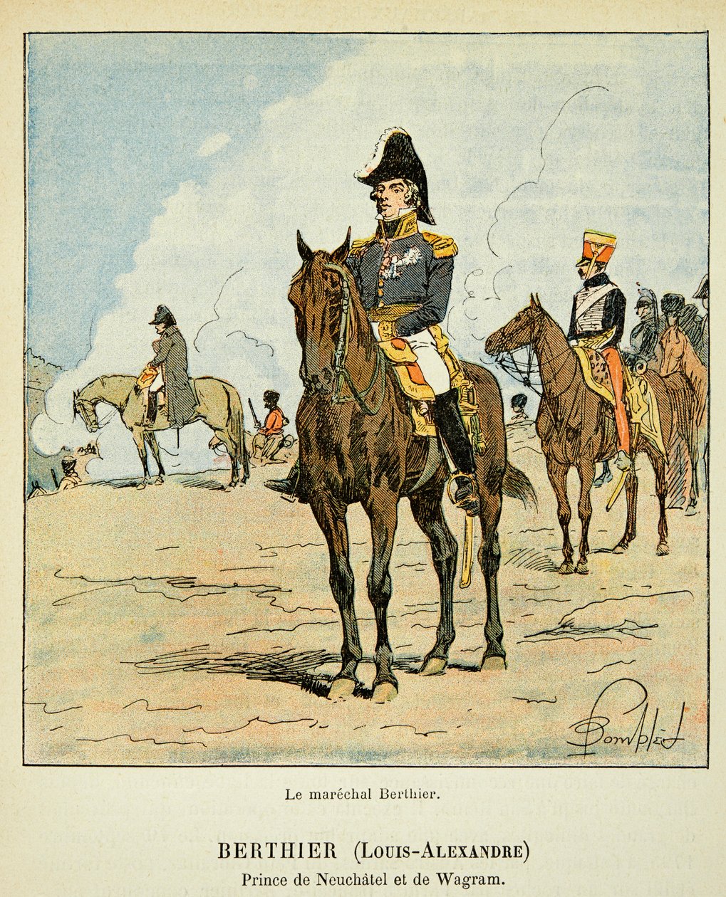 رسم توضيحي للويس بومبلد (1862-1927) من كتاب "ذكرى القديسة هيلين" للكونت إيمانويل دي لاس (1766-1842): صورة الفروسية للماريشال لويس ألكسندر برتيير (1753-1815) ، أمير نيوفشاتيل وأمير واجرام ، برايفت كوليكت بواسطة تفجير لويس تشارلز