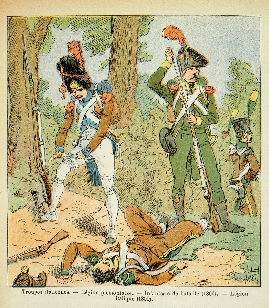 رسم توضيحي للويس بومبلد (1862-1927) من كتاب "ذكرى سانت هيلين" للكونت إيمانويل دي لاس (1766-1842): القوات الإيطالية ، جيش بيمونتيز: مشاة المعركة (1806 ، جيش مائل (1800) ، مجموعة خاصة بواسطة تفجير لويس تشارلز