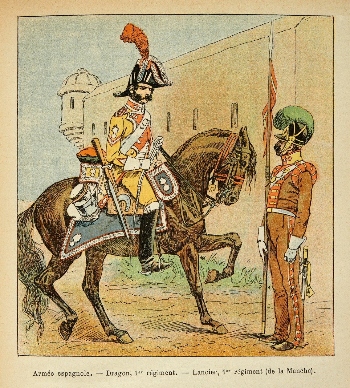 رسم إيضاحي للويس بومبلد (1862-1927) من كتاب "ذكرى القديسة هيلين" بقلم الكونت إيمانويل دي لاس (1766-1842): الجيش الإسباني: تنين الفوج الأول ولانسير من الفوج الأول للقناة ، خاص مجموعة بواسطة تفجير لويس تشارلز