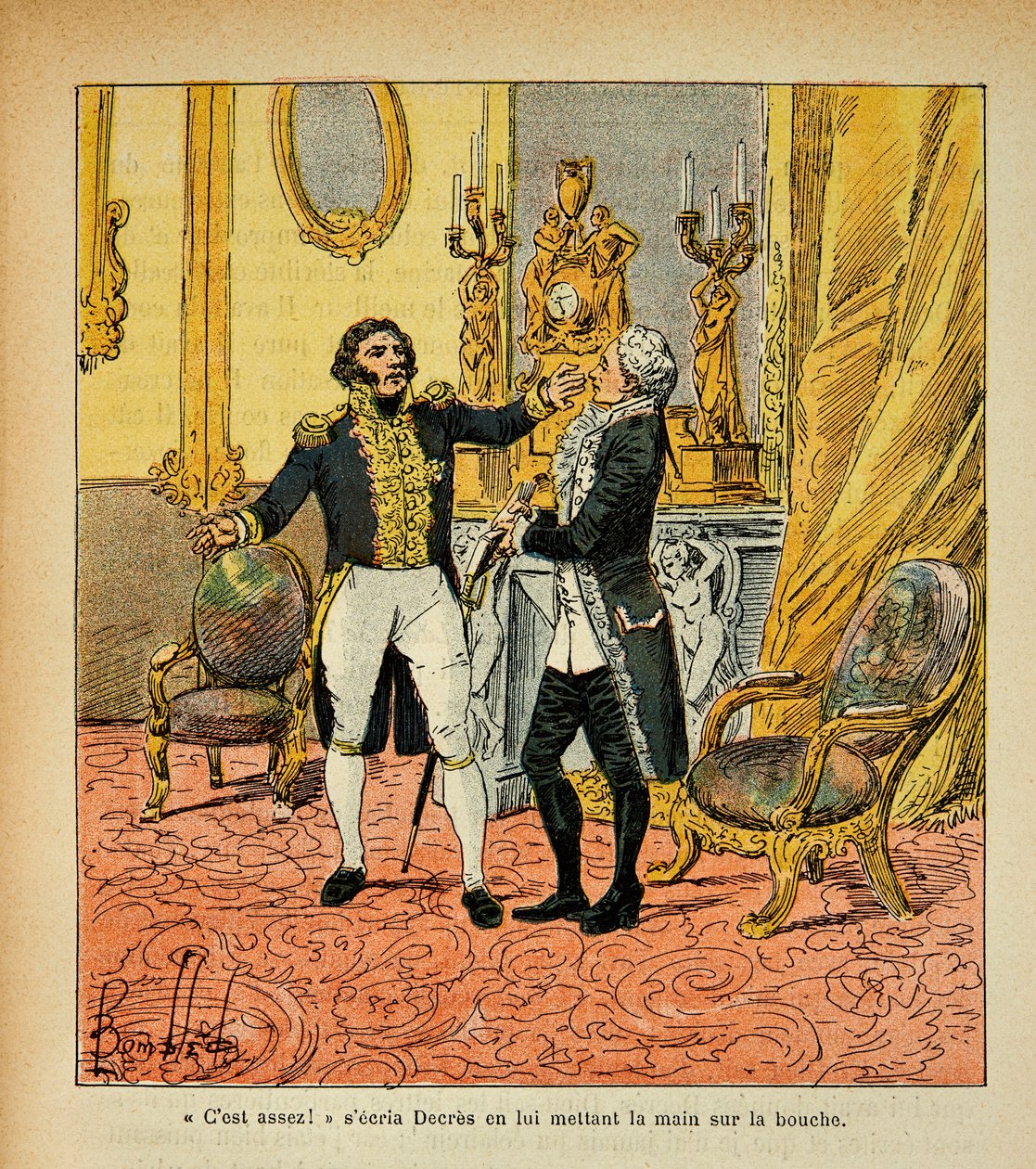 رسم توضيحي للويس بومبلد (1862-1927) من كتاب "ذكرى القديسة هيلين" بقلم الكونت إيمانويل دي لاس (1766-1842): تاليران (1754-1838) يواجه دينيس ديكرس (1761-1820) مجموعة خاصة بواسطة تفجير لويس تشارلز