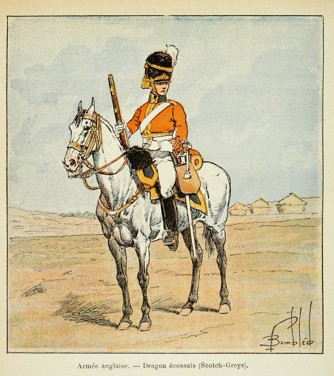 رسم إيضاحي للويس بومبلد (1862-1927) من كتاب "ذكرى سانت هيلين" بقلم الكونت إيمانويل دي لاس (1766-1842): الجيش الإنجليزي: التنانين الاسكتلندية (سكوتش جرايز) ، مجموعة خاصة بواسطة تفجير لويس تشارلز