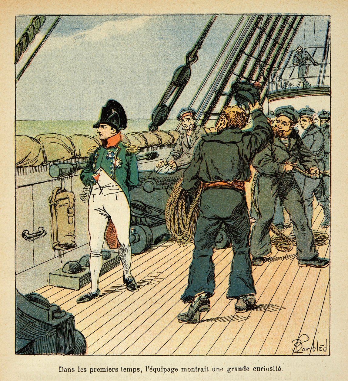 رسم توضيحي لـ Bombled Louis (1862-1927) من كتاب "نصب تذكاري لسانت هيلين" للكونت إيمانويل دي لاس حالات (1766-1842): نابليون في طريقه إلى سانت هيلين على متن نورثمبرلاند يجذب تعاطف الطاقم ، مجموعة خاصة بواسطة تفجير لويس تشارلز