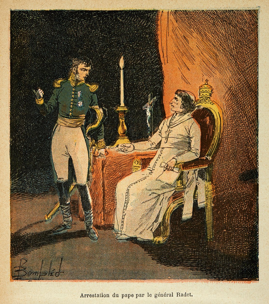 رسم توضيحي للويس بومبلد (1862-1927) من كتاب "ذكرى القديسة هيلين" للكونت إيمانويل دي لاس (1766-1842): اعتقال البابا بيوس السابع من قبل الجنرال ستيفن راديت (1762-1825) في عام 1809 ، مجموعة خاصة بواسطة تفجير لويس تشارلز