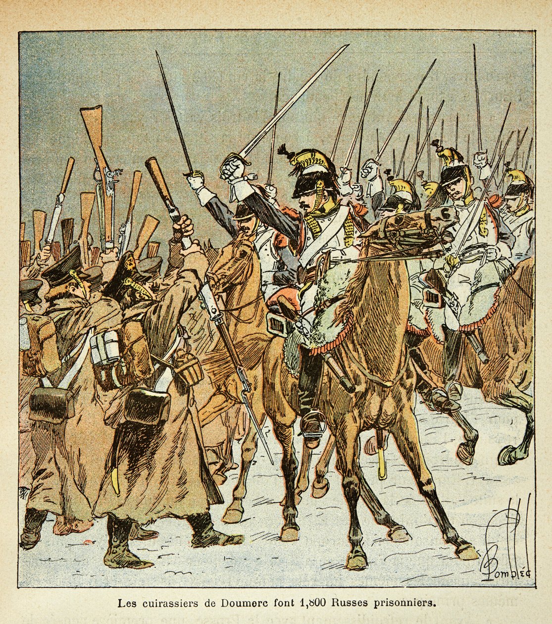 رسم توضيحي للويس بومبلد (1862-1927) من كتاب "نصب القديسة هيلين" بقلم الكونت إيمانويل دي لاس (1766-1842): أسر الفوج التاسع من البوارج التابعة للعقيد دومير 1800 روسي خلال الحملة الروسية ، مجموعة خاصة بواسطة تفجير لويس تشارلز