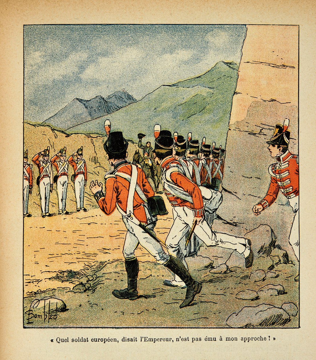 رسم إيضاحي للويس بومبلد (1862-1927) من كتاب "ذكرى القديسة هيلين" بقلم الكونت إيمانويل دي لاس (1766-1842): الإمبراطور نابليون يحيي بحامية سانت هيلين ، مجموعة خاصة بواسطة تفجير لويس تشارلز