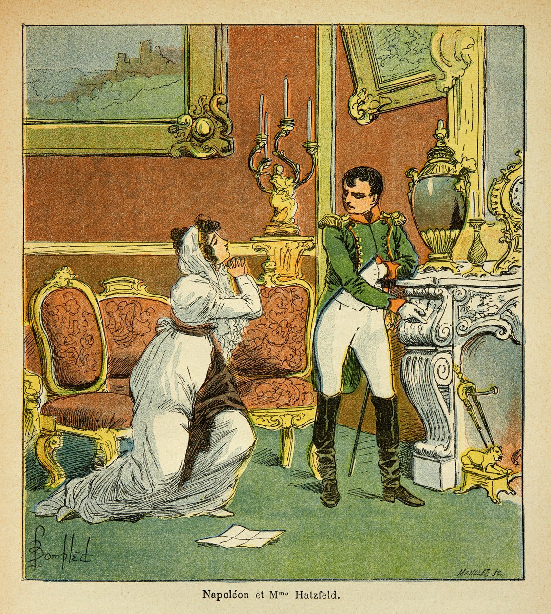 رسم إيضاحي للويس بومبلد (1862-1927) من كتاب "ذكرى القديسة هيلين" بقلم الكونت إيمانويل دي لاس (1766-1842): كليمنس الإمبراطور نابليون تجاه أميرة هاتزفيلد ، التي تطلب نعمة زوجها ، مجموعة خاصة بواسطة تفجير لويس تشارلز