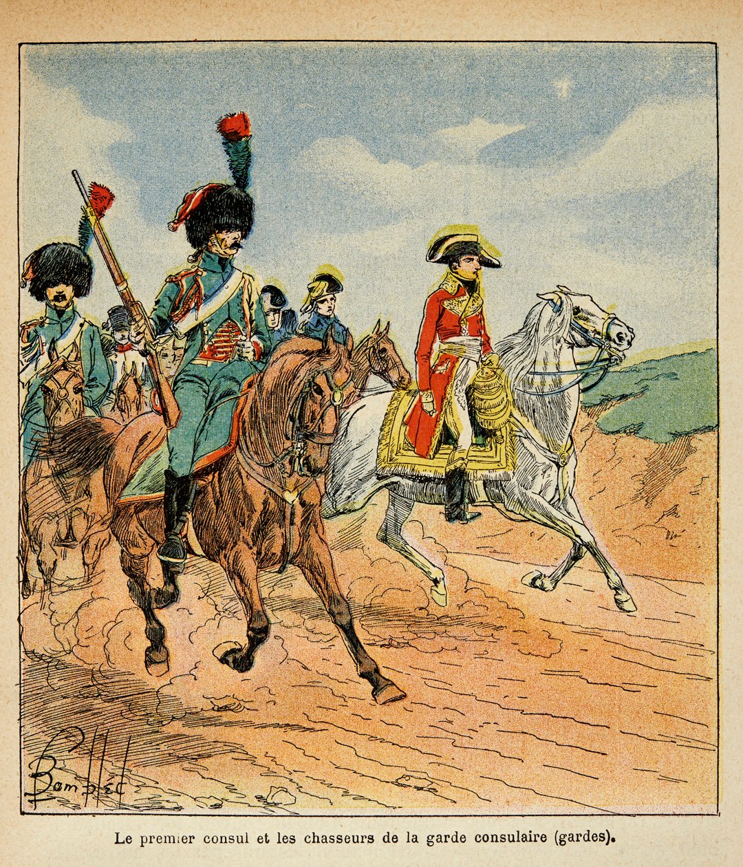 رسم توضيحي لـ Bombled Louis (1862-1927) من كتاب "The Memorial se Sainte Helene" بقلم الكونت إيمانويل دي لاس (1766-1842): القنصل الأول والصيادون للحرس القنصلي ، المجموعة الخاصة بواسطة تفجير لويس تشارلز
