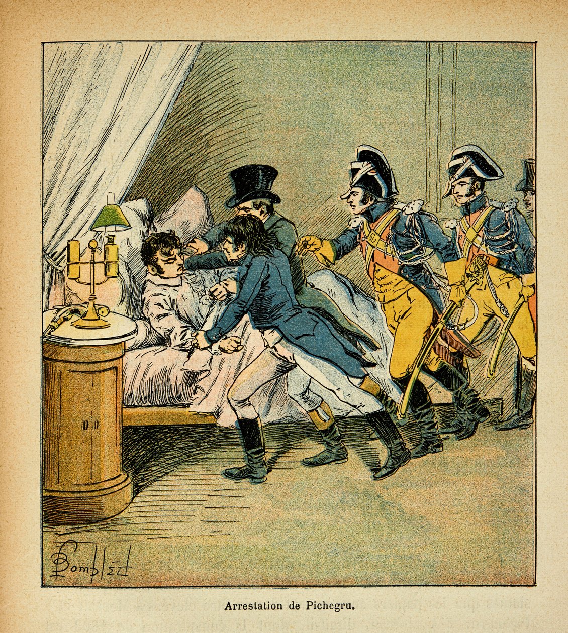 رسم توضيحي لـ Bombled Louis (1862-1927) من كتاب "The Memorial se Sainte Helene" بقلم الكونت إيمانويل دي لاس قضايا (1766-1842): اعتقال جان تشارلز بيشيغرو (1761-1804) في 28 فبراير 1804 ، مجموعة خاصة بواسطة تفجير لويس تشارلز