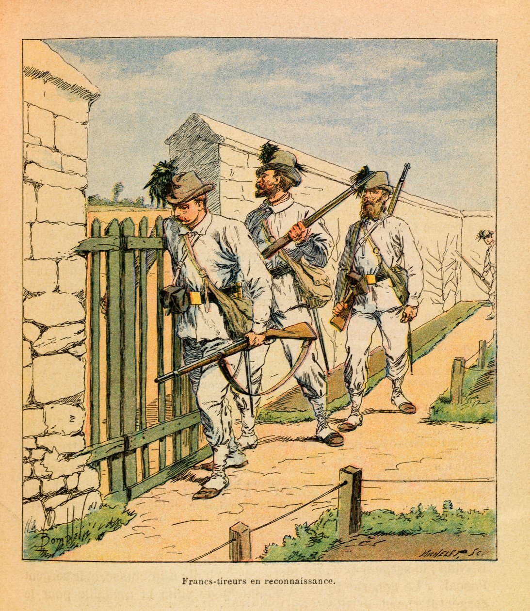L'Armee de l'Est بواسطة Eugene Sergeant ، dit Grenest ، موضح بواسطة Louis Bombled (1862-1927) (الحرب الفرنسية الألمانية ؛ حملة 1870-1871): Freiers-snireurs en الاستطلاع ، مجموعة جزئية بواسطة تفجير لويس تشارلز