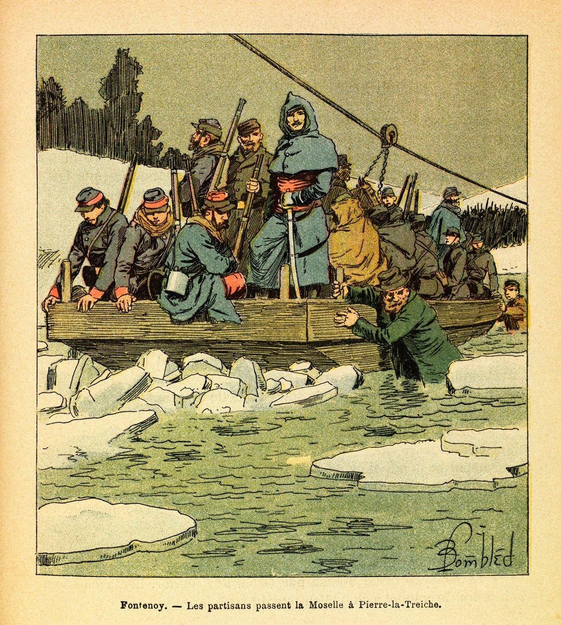 L'Armee de l'Est بواسطة Eugene Sergeant ، dit Grenest ، موضح بواسطة Louis Bombled (1862-1927) (الحرب الفرنسية الألمانية ؛ حملة 1870-1871): يناير 1871 ، Fontenoy ، مر الثوار موزيل إلى Pierre La Treiche ، مجموعة جزئية بواسطة تفجير لويس تشارلز
