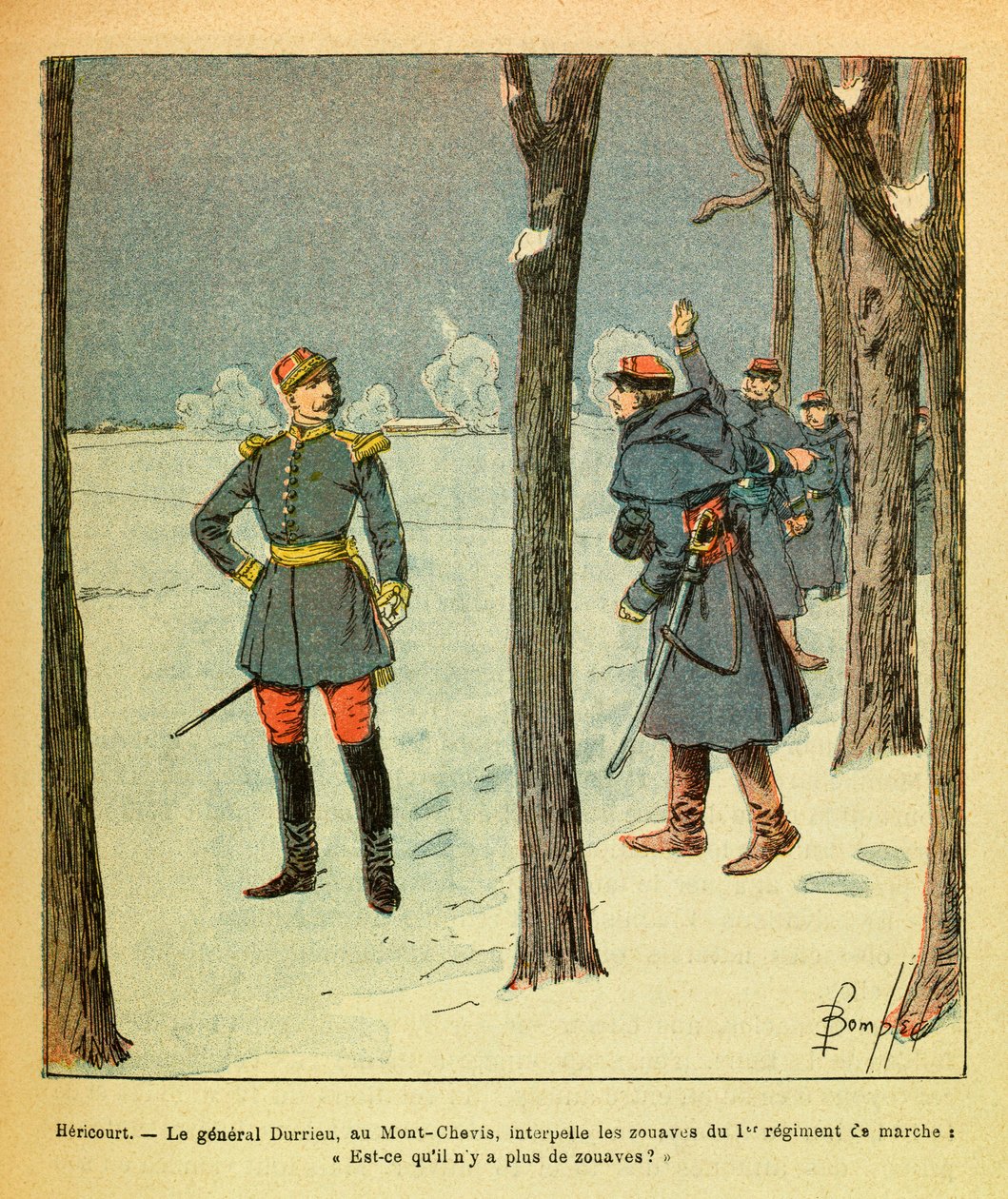 L'Armee de l'Est بواسطة Eugene Sergeant ، dit Grenest ، مصور من قبل Louis Bombled (1862-1927) (الحرب الفرنسية الألمانية ؛ حملة 1870-1871): في Hericourt ، يدعو Generl Durrieu at Mont Chevis زواف من 1 ، إيه فوج دي مارش "" هل لا يوجد م بواسطة تفجير لويس تشارلز